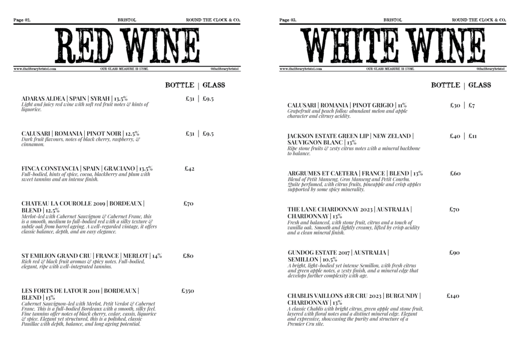 All Menus - The Library Bristol